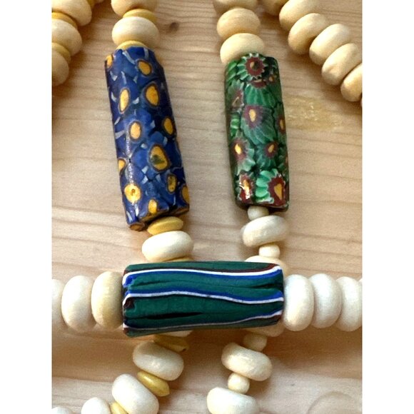 Millefiori Venetian Trade Bead Necklace Vintage African Carved Tribal - Picture 4 of 10